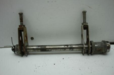 1977 YAMAHA XS360-2D (#413) REAR AXLE BACK WHEEL WITH CHAIN TENSIONERS.